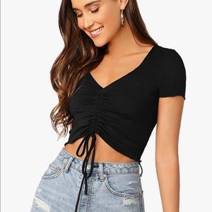 Black Short Sleeve Ruched Drawstring Front V-Neck Crop Tee Top